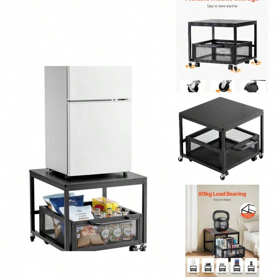 Fridge Stand With Storage, 198 Lbs Fridge Table With Movable Storage Cart Swivel Wheels, Beverage Refrigerator Stand Coffee Bar, Fridge Organizer Office Home Dorm, Black - B - View 1