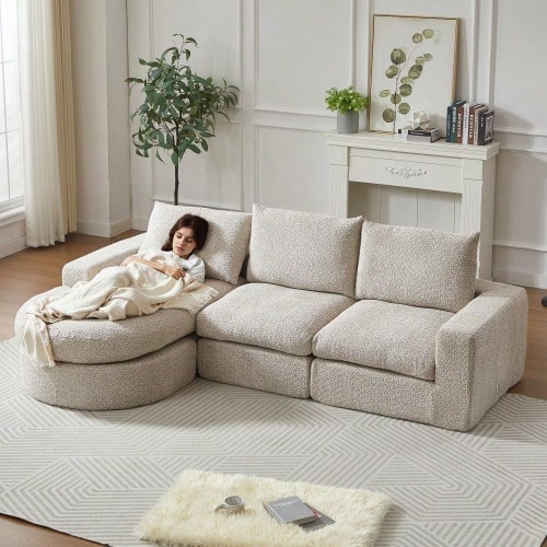 Chenille Sofa With Curved Elements And Chaise Lounge, Fully Compressed And Without Frame - Beige - View 1