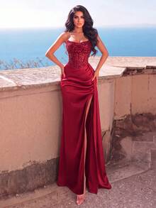 Faeriesty Women's Formal Red Sequin Satin Long Dress, Strapless Neckline, Waist-Cinched Design, High Thigh Slit, Suitable For Party - Burgundy - View 1