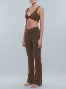 NcmRyu Women's One Set Solid Color Twist Front Deep V-Neck Backless Bra & V-Shape Ruched High Waist Flare Pants Set - Coffee Brown - View 7