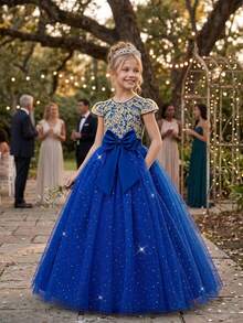Tween Girls Embroidered Mesh Princess Long Dress Elegant Ball Gown Puffy Party Dress, Headband Not Included - Royal Blue - View 2