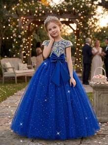 Tween Girls Embroidered Mesh Princess Long Dress Elegant Ball Gown Puffy Party Dress, Headband Not Included - Royal Blue - View 1