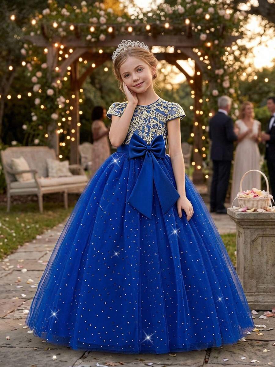 Tween Girls Embroidered Mesh Princess Long Dress Elegant Ball Gown Puffy Party Dress, Headband Not Included - Royal Blue - View 1