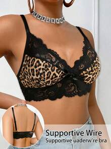 1pc Women's Casual Solid Color Lace Patchwork Sexy Leopard Print Comfortable Minimalist Sports Bra - Black - View 4