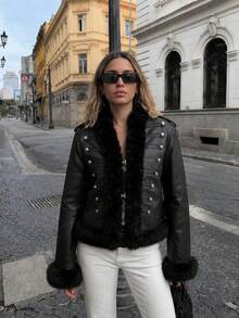 Vintage Y2K Black PU Jacket With Faux Fur Trim And Silver Buttons, Military Style Blazer Coat For Autumn Outfits - Black - View 1
