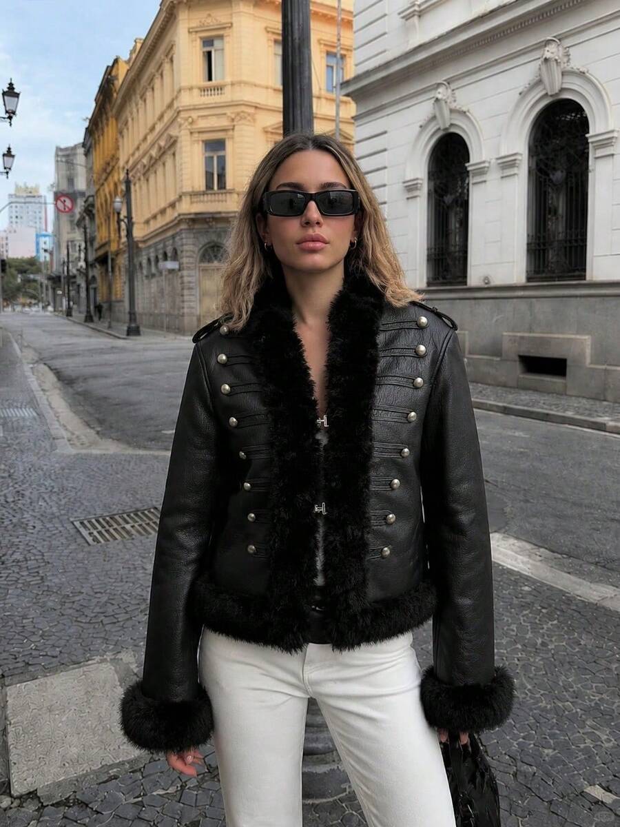 Vintage Y2K Black PU Jacket With Faux Fur Trim And Silver Buttons, Military Style Blazer Coat For Autumn Outfits - Black - View 1