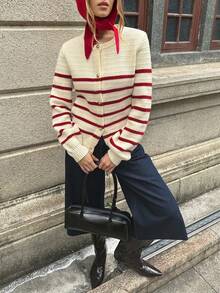 Women's Round Neck Ribbed Stripes Long Sleeves Cardigan Style Office Daily Commuting Wear Seasonal Fashion Casual Outings Knitted Sweater, Fall Winter - Multicolor - View 4
