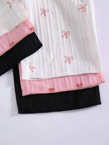 3pcs/Set Girls' Casual Fashion Elastic Waist Faux Button Decor Pink Bow Heart Print Loose Straight Leg Pants, Spring/Autumn - Multicolor - View 7