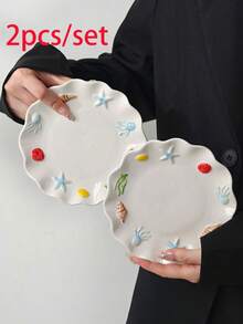 1pc/2pcs/4pcs 6-Inch Embossed Shell & Starfish Ceramic Plate, Ocean Style Dopamine Fruit Plate, Snack & Appetizer Dish, Nut & Candy Bowl, Bone Dish, Cake & Dessert Plate, Jewelry Storage Tray, Multi-Purpose, Party Supplies, Hotel Tableware, Elegant Gift - Multicolor - View 15