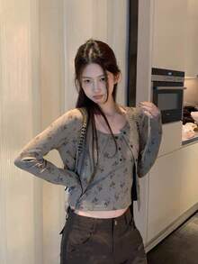 Elegant Knit Ditsy Floral Camisole & Cardigan 2 Pieces Set, Korean Style Women's Top - Khaki - View 6