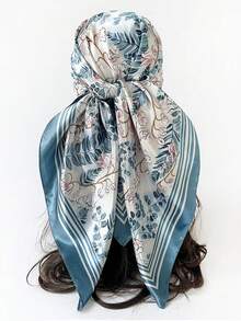 Fresh Blue Floral Leaf Plant Print Satin Square Scarf, Blue And White Contrast Striped Hem Silk Scarf, Women's Headscarf Necktie Bag Strap, Spring/Summer Fresh Gentle Girl Commute Travel Accessory - Multicolor - View 6