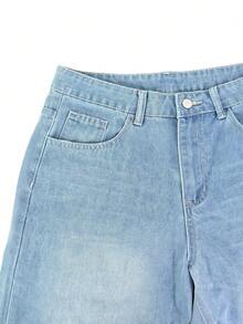 Quần short denim nam dáng rộng, màu xanh nhạt giặt wash, độ dài vừa, phong cách đường phố thường ngày - Rửa nhẹ - Xem 6