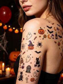 30pcs Halloween Temporary Tattoo Stickers - Colorful Realistic Fun Patterns: Spider, Pumpkin, Ghost, Cat, Witch, Bat, Etc. Waterproof Semi-Permanent, Suitable For Men And Women On Fingers, Arms, Behind Ears, Ankles, Collarbones, Etc. - Multicolor - View 2