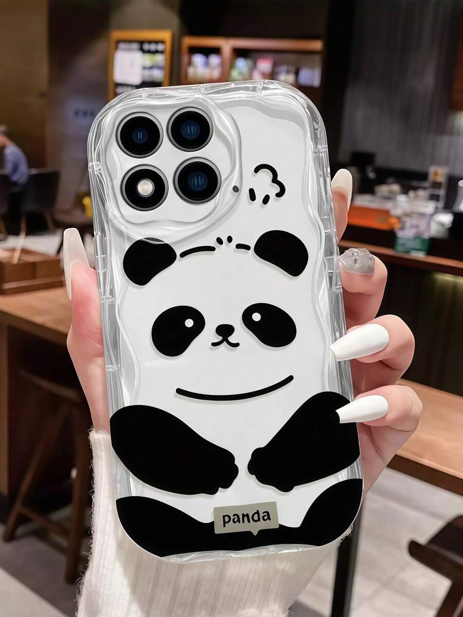 1件透明波浪邊可愛卡通熊貓印花手機殼,柔軟透明TPU防震保護套,極簡黑白熊貓圖案手機殼,適用於系列手機 - 無色 - 查看 1