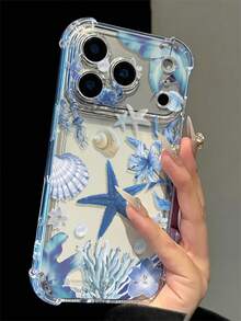 Ocean Blue Starfish Lily Shell Pattern Fresh Summer Transparent Four-Corner Shockproof Phone Case, Airbag Anti-Drop Soft Shell, Compatible With Apple 17 Pro Max/17 Pro/17/16 Pro Max/16 Pro/16/15 Pro Max/15 Pro/15 Plus/15/14 Pro Max/14 Plus/14/13 Pro Max/13 Pro/13 Mini/13/12 Pro Max/12 Pro/12 Mini/12/11/7/8 Beach Vacation Gift Summer Beach Girls Gift - Clear - View 2