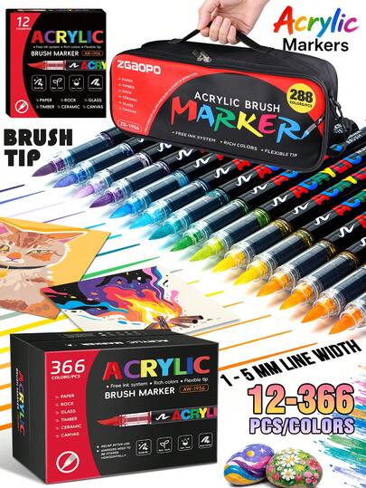 12-366 Colors Acrylic Marker Set, Opaque Watercolor Pens, Suitable For Art Students DIY, Can Be Used For Rock Painting, Calligraphy, Scrapbooking, Handwriting, Card Making, Black Cardstock, Stone Painting, Christmas Decoration, Wood, Plastic, Canvas And More