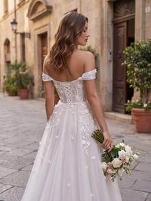 Summer Elegant Deep V-Neck Applique Long Mesh A-Line Wedding Dress, Formal Off-Shoulder Ball Gown, Women - Beige - View 5