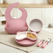 Silicone Baby Feeding Set 5pc, Anti-Choke Spoon & Fork, Waterproof Bib, Easy-Clean, 6M+, New Mom Gift - Mauve Purple - View 1