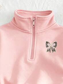 2pcs/Set Girls Embroidered Bow Print Half-Zip Sweatshirt & Pants Set, Autumn/Winter Fashion Comfortable Outfit - Pink - View 5
