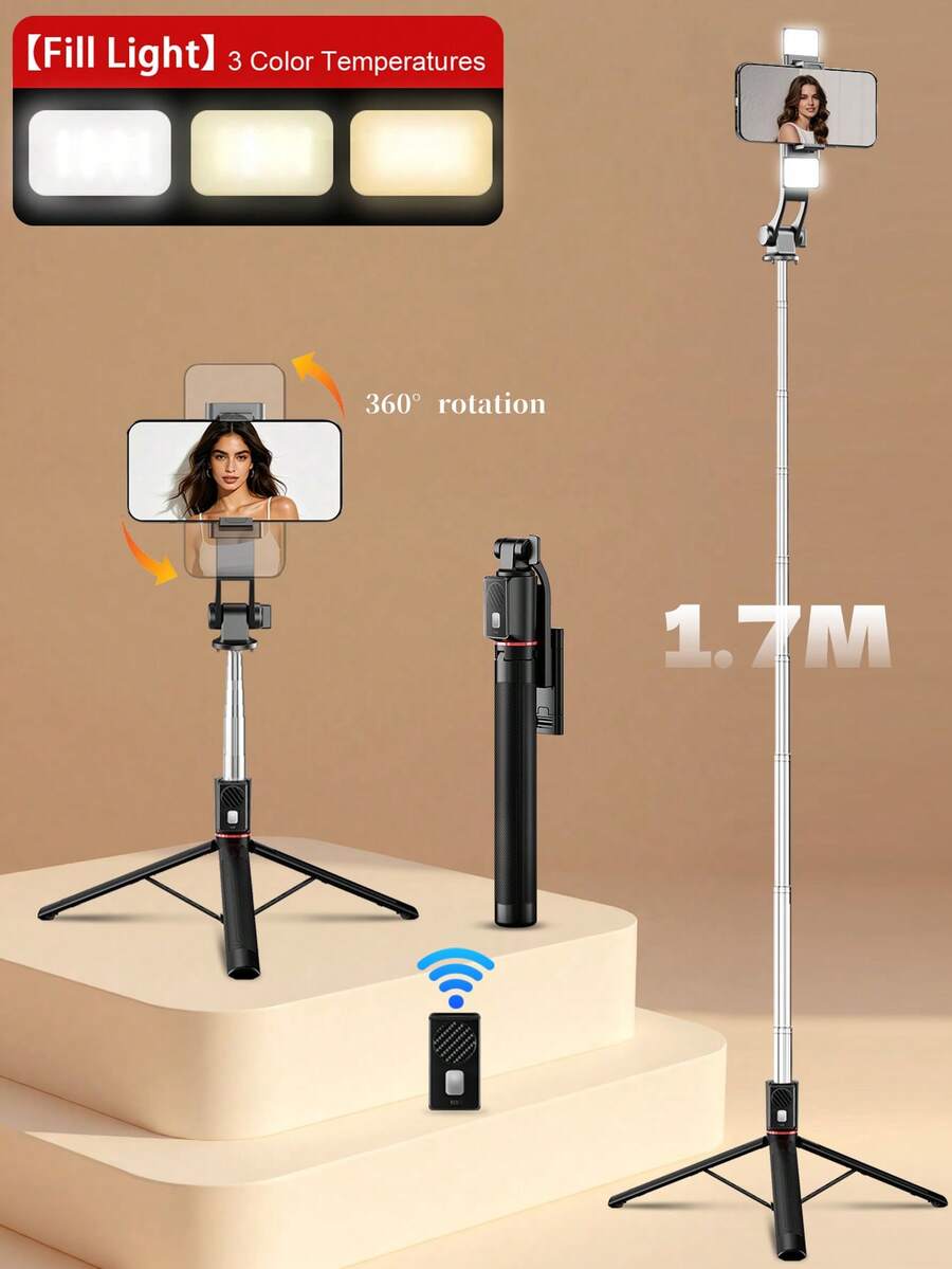 New Selfie Stick - 170cm Length - Equipped With Anti-Shake Function, Retractable Tripod And Wireless Function. Made Of Durable ABS And Aluminum Alloy Materials. Also Equipped With LED Fill Light. The Bottom Of The Fill Light Can Rotate