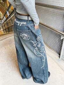 1pc American Street Style Women's Embroidered Loose Wide Leg Jeans Long Pants All Season Fashion Casual - Blue - View 7
