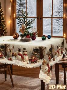 1Pc Christmas Rectangle Tablecloth With Scalloped Edge, Merry Christmas Table Cover With Snowman Reindeer Christmas Tree Pattern, Polyester Vintage Christmas Tablecloth, Merry Christmas Decoration, Xmas Decor, Christmas Table Decor, Holiday Home Decor - Christmas B - View 3
