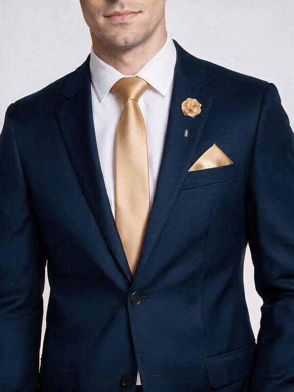 3Pcs Men's Solid Satin Necktie, Pocket Square & Flower Lapel Pin Set, Formal Suit Accessories For Wedding Groom Business Party