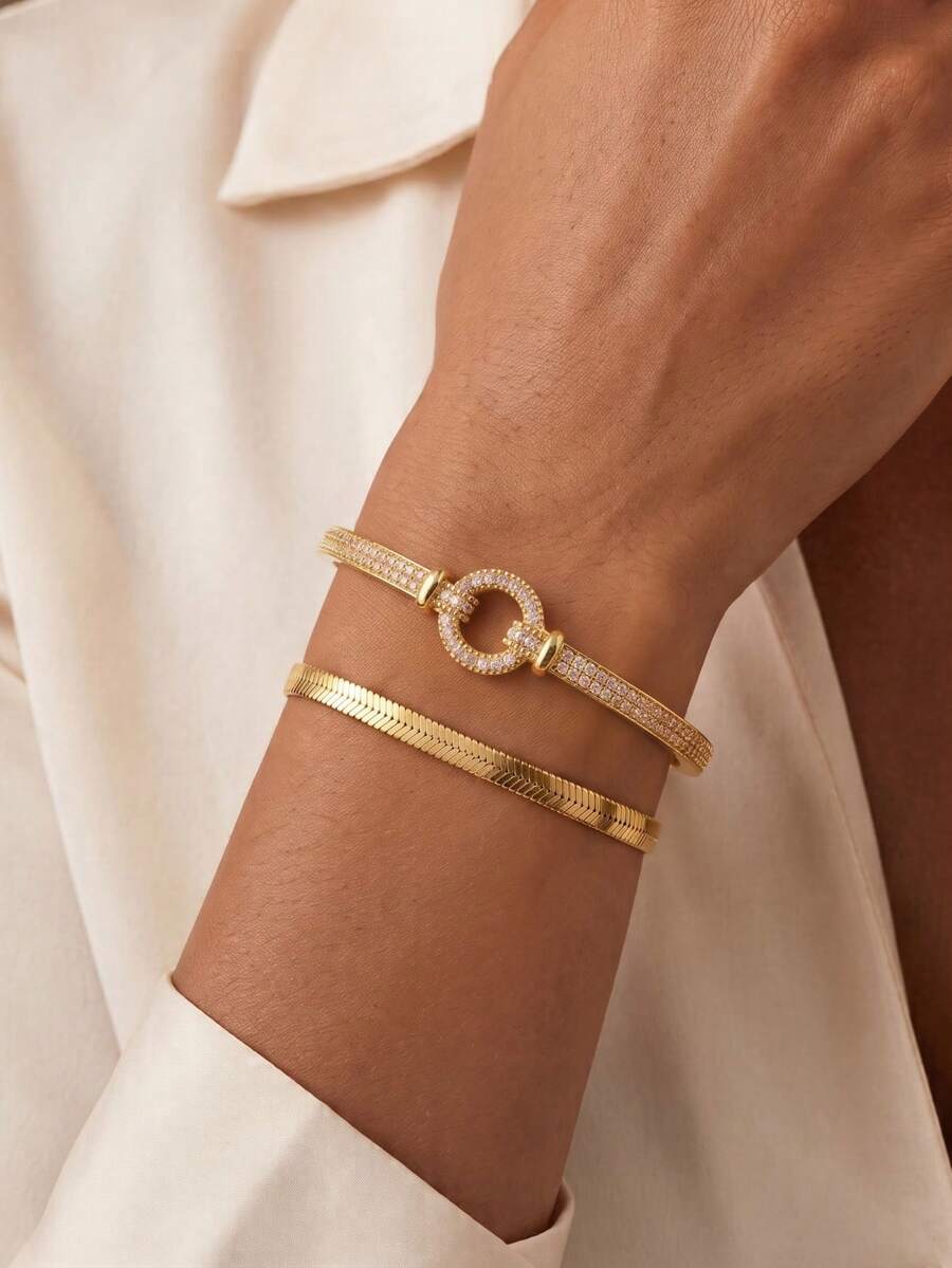 Juego de 2 piezas de brazalete de acero inoxidable con hoja suave que conserva el color y brazalete de cobre brillante, versátil para el transporte y citas, resistente al agua y a la decoloración, conjunto de joyería de lujo ligero para regalo de cumpleaños y aniversario de mujeres - Dorado - Ver 1