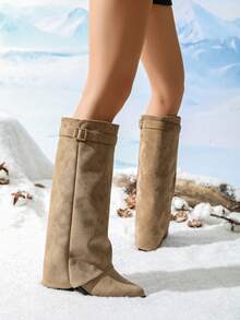 Maillard Suede Tall Boots For Women, Autumn/Winter, Foldable 2-In-1 Design With Belt Buckle, Wedge Heel, Knight Boots, Slimming For Thick Legs, High Shaft - Khaki - View 8