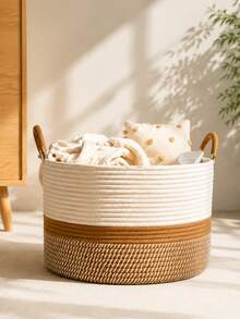 Clothing Storage Basket, Woven Storage Organizer Basket With Handle, Home Storage Bin, Suitable For Kitchen, Bathroom, Bedroom, Living Room, Dorm, Desk, School - Brown - View 2
