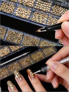 Set Dekorasi Kuku Rhinestone 12 Kotak, Potongan Dekorasi Kuku Warna Champagne, Berbagai Bentuk, Perlengkapan Seni Kuku 3D DIY - Sampanye - View 4