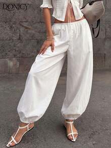 DONICY Women's Elegant High Waist Balloon Leg Pants - Spring/Summer Casual Drawstring Parachute Pants, Suitable For Daily Street Style, Vacation, Easter - White - View 5