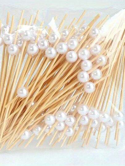 1-100pcs Elegant Pearl & Bamboo Leaf Decorated Disposable Bamboo Cocktail Picks, Suitable For Anniversary Celebrations, Campus Events, Weddings, Barbecues And More. Can Be Used For DIY Decoration And Cocktail Variety Identification, Perfect For Pairing With Fruit, Salad, Dessert And Meat Platters.