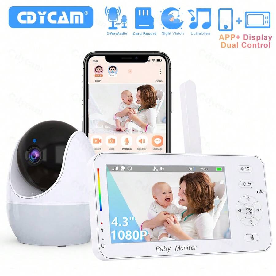 CDYCAM 4.3 Inch 1080P WiFi Baby Monitor Phone App + Display Dual Control PTZ Camera VOX Voice Control Temperature Detection Night Vision Night Light Two-Way Talk Camera