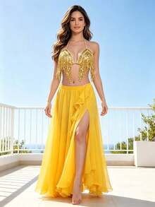 Sequin Fringe Halter Crop Top Chiffon High Slit Long Dance Maxi Skirt (Multiple Colors Available) - Multicolor - View 15