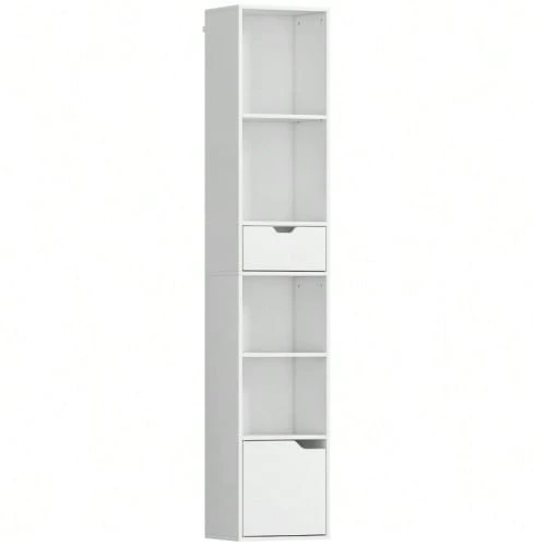 6-Tier Bookshelf, 3-Level Adjustable, With Drawer, Cabinet Door, Customizable Shelf, Display Shelf, White - White - View 1