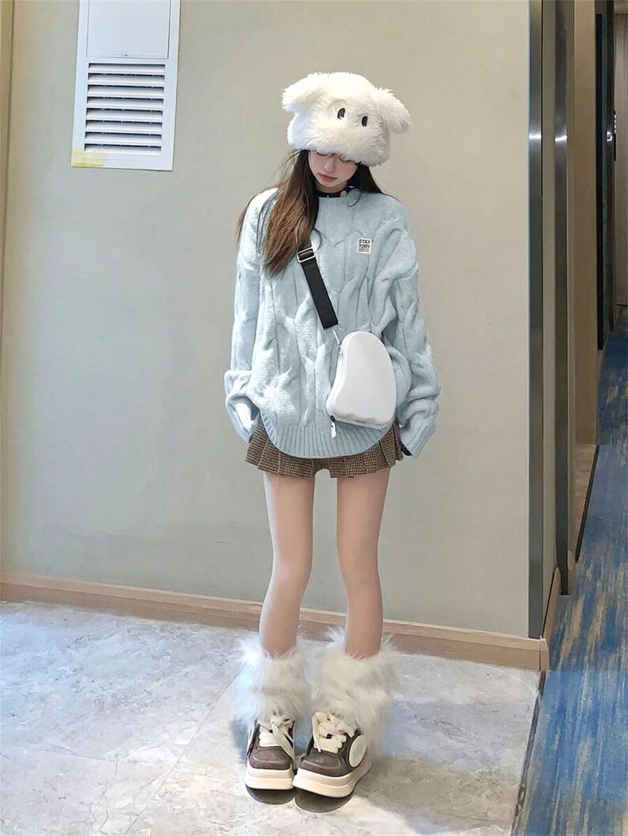 Solid Color Chunky Cable Knit Pullover Sweater Women Autumn/Winter Loose Casual Style Round Neck Soft Flattering Knit Top Minimalist Timeless Soft & Loose - Blue - View 1
