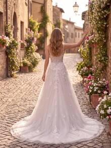 Summer Elegant Romantic V-Neck Spaghetti Strap Bridal Gown With Exquisite Applique Embroidery, Romantic Long Wedding Dress Suitable For Indoor, - Beige - View 6