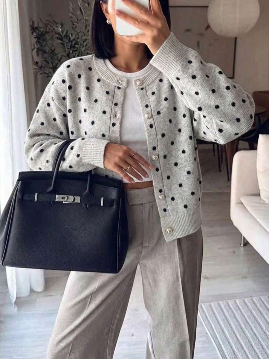 Women's Casual Minimalist Solid Color Single-Breasted Cropped Cardigan Sweater, Autumn/Winter - Light Grey - View 1