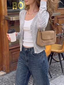 Mori Summer Fall Y2K Women Grey Sheer Thin Knit Button Up Cardigan , Long Sleeve See Through Going Out - Grey - View 6