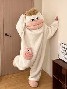 1pc Premium Fun Coral Fleece Bathrobe, Suitable For Cosplay And Luxury Home Leisure, Cute "Big Mouth Monster" Design, Thick And Comfortable Fabric, Suitable For Couples, Warm For Autumn/Winter (Single Bathrobe / Matching Slippers / Set: Bathrobe + Slippers) - Multicolor - View 7