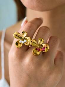 2pcs/1pc Vintage Leopard Print Flower 18K Gold Plated Stainless Steel Open Ring, Women's Waterproof Jewelry, Suitable For Daily, Vacation, Holiday Wear - Multicolor - View 2