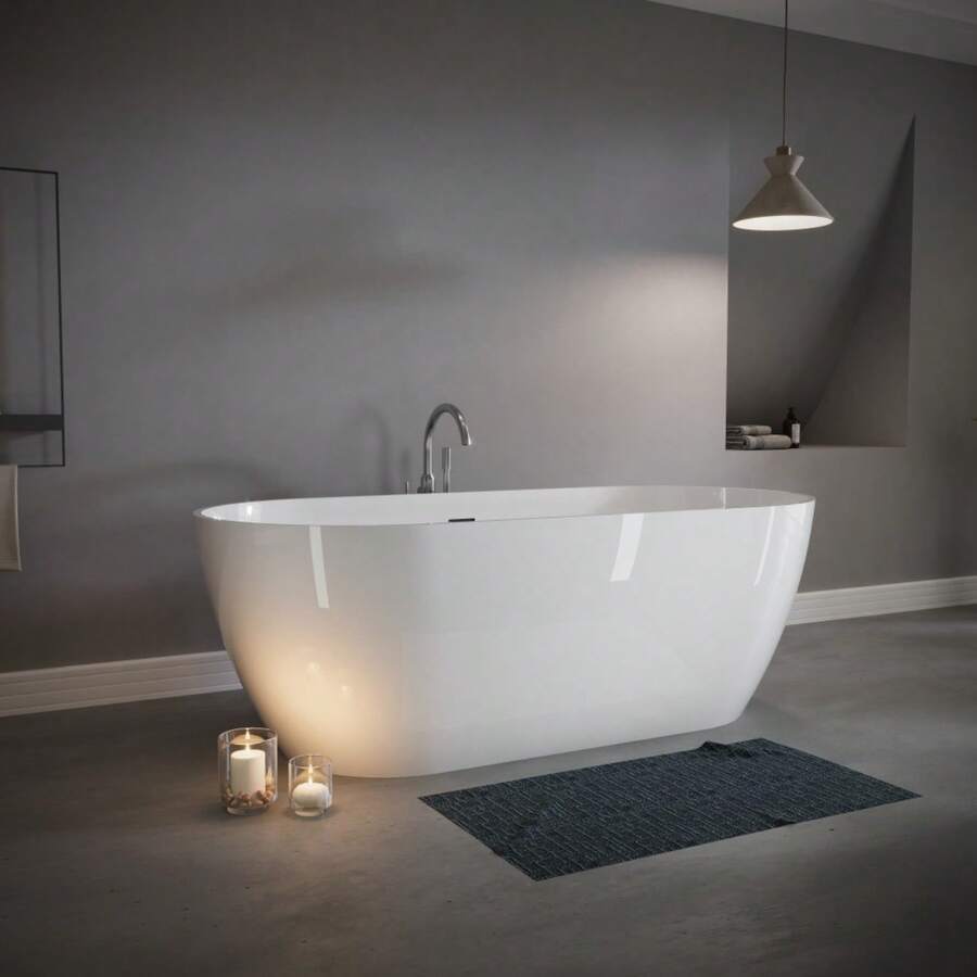 63" Freestanding Solid Surface Bathtub, Luxury Engineered Stone Resin Freestanding Soaking Bathtub With Overflow And Pop-Up Drain For Contemporary Bathroom, Glossy White TH-25S03-63GW - Glossy White - View 1