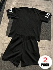 2pcs/Set Teen Boys Casual Outfit, Racing Theme Print Loose Top + Sports Shorts, Comfortable And Soft, Suitable For Summer And Sports - Black - View 4