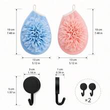 2件入浴洗澡海綿手套與2個掛鉤套組，藍色男用與粉色女用，雙面洗澡刷洗起泡浴室套組 - 二合一沐浴擦 - 查看 6
