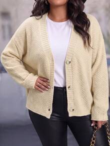 Plus Size Women's Apricot Khaki Cardigan Knit Sweater With Buttons Long Sleeve Jacket Versatile Casual Minimalist Sporty Loose Vacation College Fall - Apricot - View 4