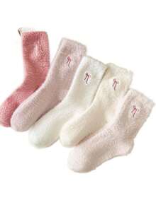 5 Pairs Soft Plush Embroidered Bow Short Socks, Warm Thermal Lined Comfortable Home Sleep Socks, Sweet Macaron Color Girls Daily Wear Socks - Multicolor - View 7