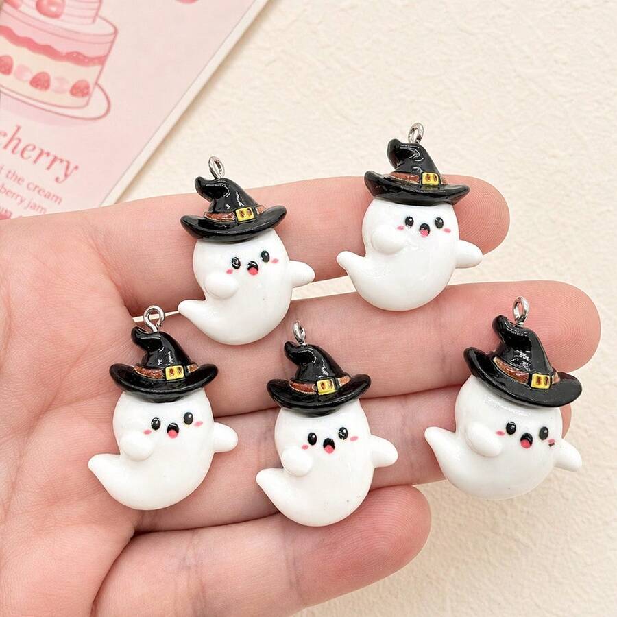 6 piezas de colgantes de fantasma con sombrero negro de resina para Halloween, adecuados para la fabricación de joyas DIY, perfectos para accesorios de fiesta, aretes, collares, colgantes de bolso - Colgante de fantasma con sombrero negro - Ver 1