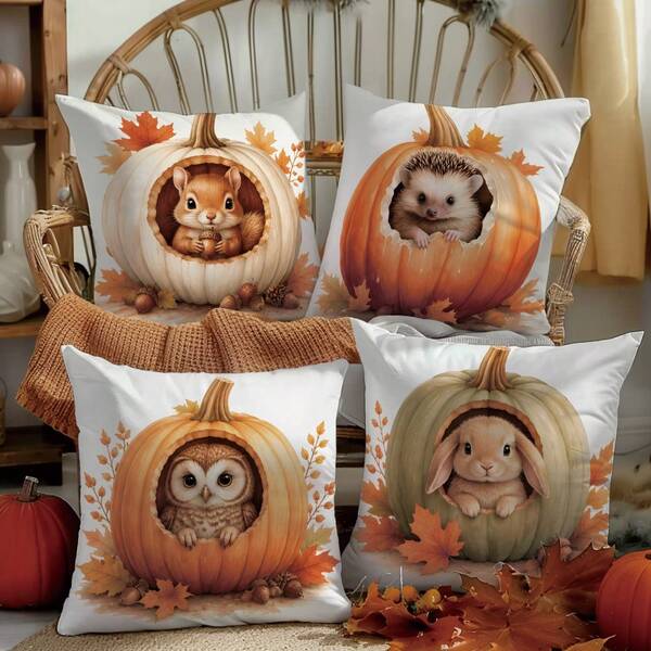 4pcs Autumn Pumpkin Cave Small Animal Print Pattern Cushion Covers [Pillow Insert Not Included], 40*40cm/45*45cm/50*50cm, [Single-Sided Printing] Made Of Polyester Material Hedgehog Squirrel Rabbit Owl Hiding In Pumpkin Maple Leaf Acorn Decoration Pillow Covers Fall Decor, Room Decor, Home Decor, Bedroom Decor, Room Decoration Stuff For Sofa, Living Room, Bedroom, Car, Office, Hotel, B&B Decoration Pillow Covers Perfect Gift For Family And Friends