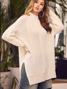 Women's Plus Size Cream Cable Knit Mock Neck Sweater Dress - Bodycon Long Sleeve Pullover Mini Dress For Fall Winter Chic Party Wear - Beige - View 1